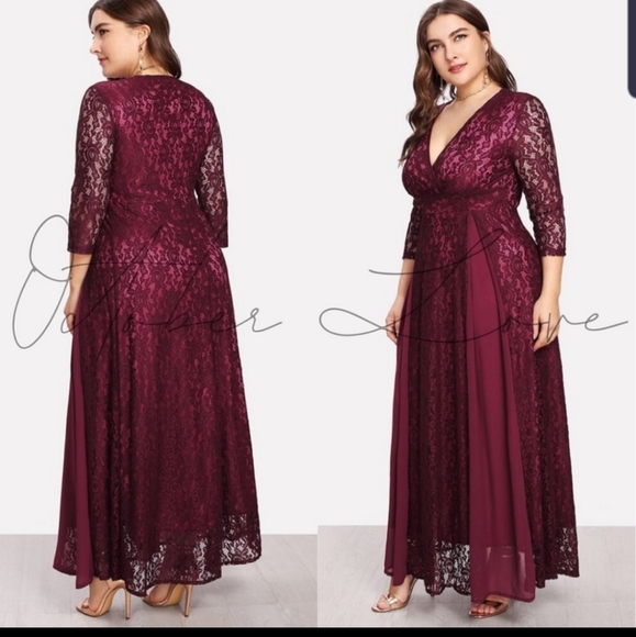 Sequins Lace Dresses with Train Burgundy Plus Size main image 0